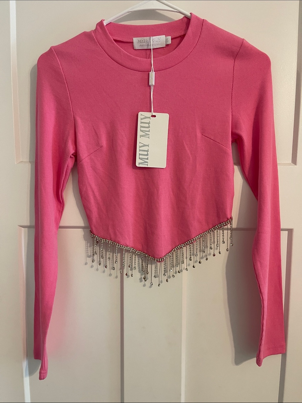 MUY MUY Pink Long-Sleeve Cropped Top with Rhinestone Fringe